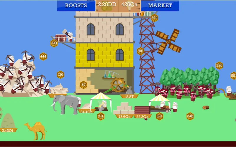 Torre em pixel art com oficinas e trabalhadores em Idle Tower Builder: Miner City