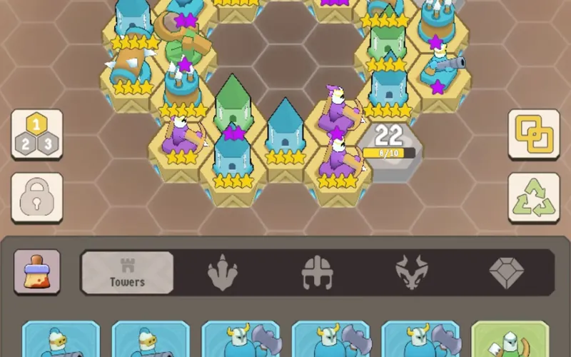 Grelha hexagonal com peças de defesa em North Tower - Merge TD Defense