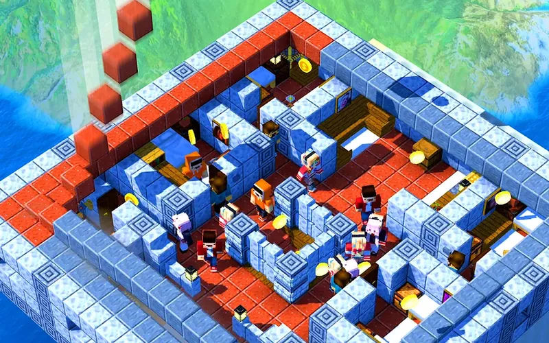 Vista isométrica de uma torre em blocos no jogo Tower Craft: Build Skyscraper